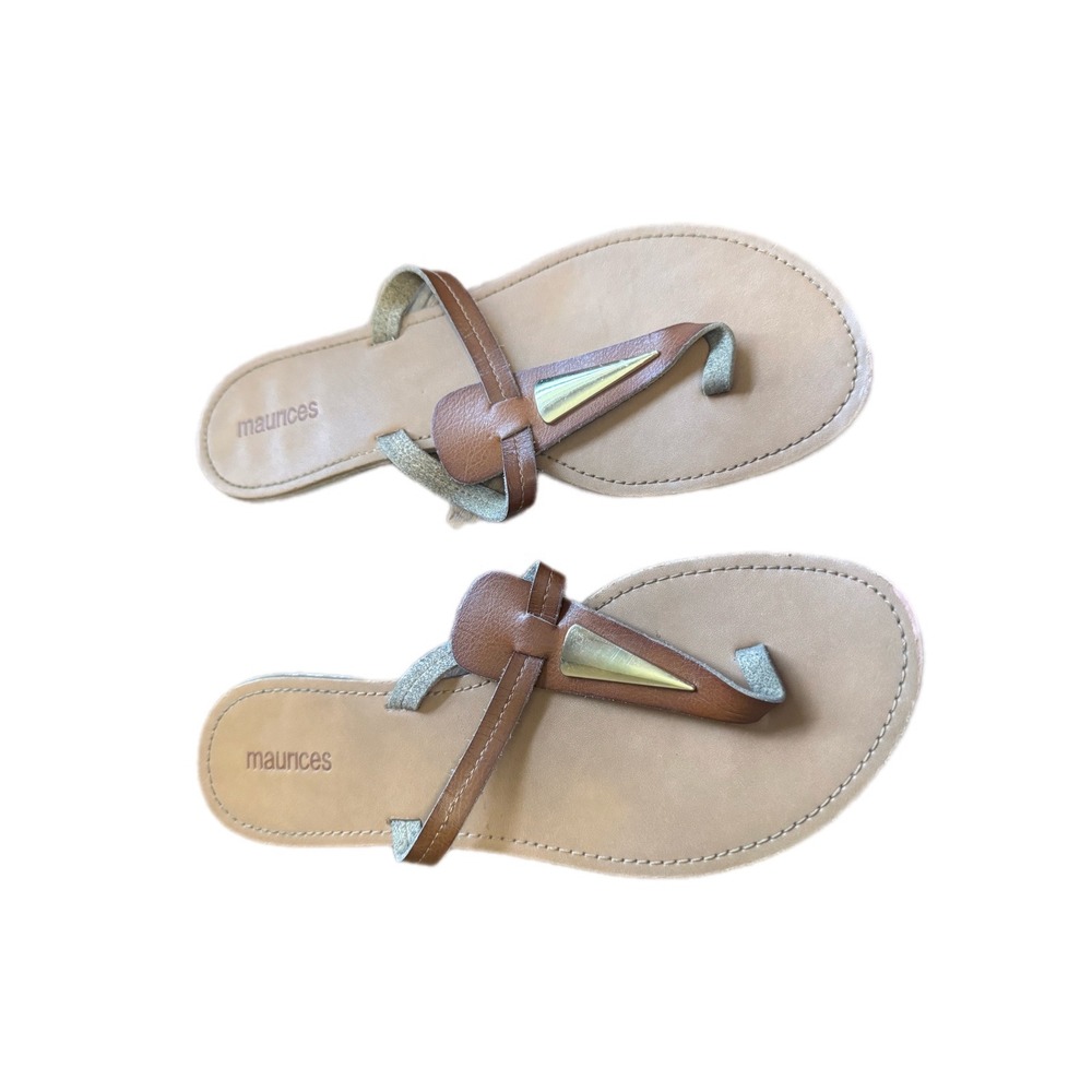 Maurices Thong Sandals Womens 10 Brown Excellent Gold Triangle Hardware T-Strap